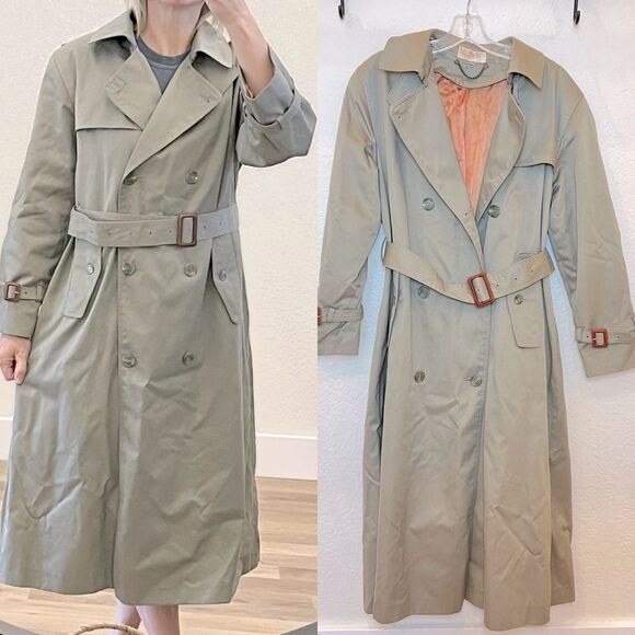 Vintage Cassidy Olive Green Double Breasted Trench Coat with Peach Lining size 8 - Picture 1 of 16